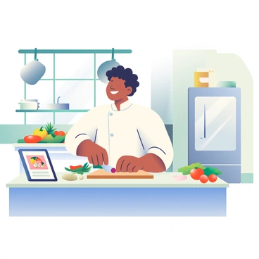 A famous chef with short, curly black hair and wearing a white chef's coat is standing at an island in a stylish kitchen. The kitchen features sleek, stainless-steel appliances and bright, modern cabinetry. The chef is chopping fresh vegetables on a wooden cutting board, with a sharp knife in hand. A colorful array of ingredients including bell peppers, tomatoes, and herbs are neatly arranged around the island. In the background, there are pots hanging from a rack, and a large window allows natural light to fill the space. The chef is smiling as they explain the recipe, with a digital tablet displaying the cooking instructions beside them.