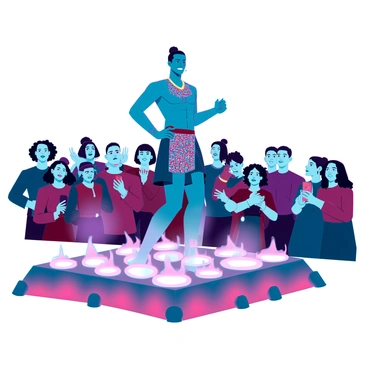 A performer with dark skin and a muscular build confidently walking across a bed of glowing hot coals. The performer is wearing a traditional costume adorned with vibrant patterns, and their expression is focused and determined. Surrounding the performer is an amazed crowd of diverse onlookers, with expressions of awe and excitement. The crowd is positioned close to the performer, with some individuals holding up their smartphones to capture the moment. The scene captures the intense glow of the coals and the varying reactions of the spectators.