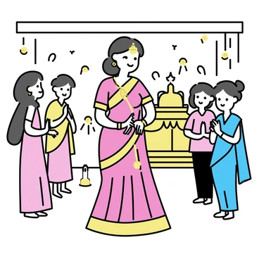 A modern Indian bride, wearing a richly adorned red and gold lehenga, stands gracefully in the center of a traditional room. She has intricate henna designs on her hands and is adorned with gold jewelry, including a maang tikka and earrings. Surrounding her are several elders, dressed in traditional attire, offering her blessings. The room is decorated with colorful marigold flowers and soft lighting, enhancing the festive atmosphere. In the background, there are traditional elements like an ornate wooden altar and decorative fabrics draped elegantly.