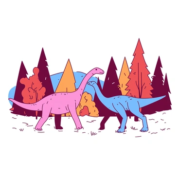 A pink dinosaur with a long neck is walking alongside a blue dinosaur with strong legs as they migrate through a landscape filled with trees. The trees are in vibrant shades of orange and red, reflecting the seasonal change in color. In the background, a blue sky is visible, and the ground is dotted with patches of grass. The dinosaurs are moving together in harmony, their scales glistening as they travel through the colorful terrain.