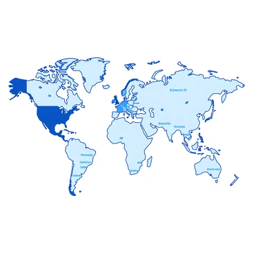 A white world map is displayed, featuring numerous small blue dots scattered across various countries and continents. Each dot represents the location of an illustrator. The continents are clearly labeled in blue text, while the oceans remain in a light hue. The overall layout presents a clear view of the global distribution of illustrators, creating a visual connection between different regions through the arrangement of the dots.