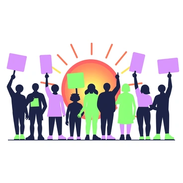 Silhouettes of several people are standing in a line, each holding a protest sign above their heads. The figures are of varying heights and shapes, suggesting a diverse group. The signs have different shapes and are held at different angles, some raised high, others slightly tilted. Behind them, a vibrant sunset casts a gradient of colors in the sky. The sun is low on the horizon, with rays spreading outwards. The silhouettes contrast sharply against the bright backdrop, creating a striking image.