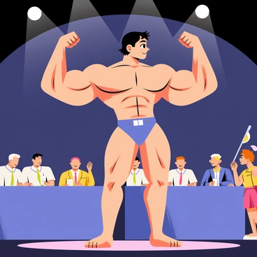 A bodybuilder with a muscular physique is flexing on stage, showcasing well-defined arms and a strong chest. The bodybuilder has a focused expression, highlighting determination and confidence. In the background, there are several judges seated at a table, taking notes and observing the performance. The audience can be seen cheering, with some people holding banners and others clapping. The stage is lit with bright spotlights, enhancing the dramatic atmosphere of the competition.