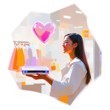 A customer with medium skin tone is holding a sleek product in their hands, displaying a look of satisfaction on their face. Above the customer, a prominent heart symbol is floating, signifying loyalty and appreciation. The product is modern in design, and the setting is a bright retail space, emphasizing the positive interaction between the customer and the product.