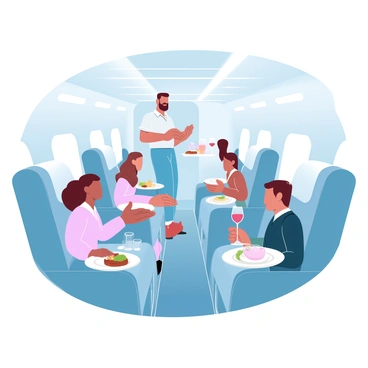 A flight attendant wearing a crisp uniform is standing in the aisle of an executive jet. She is holding a tray filled with gourmet meals, elegantly arranged on fine china. The interior of the jet features plush leather seats with rich, gradient pastel colors, creating a luxurious ambiance. Soft lighting illuminates the cabin, highlighting the details of the meals, which include beautifully plated dishes and glasses of fine wine. Passengers are seated comfortably in their seats, engaged in conversation while admiring the exquisite meal presentation.