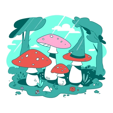 A teal whimsical family of shiitake mushrooms is gathered together in a vibrant white forest. Each mushroom is wearing a different tiny hat, with colors ranging from bright red to soft pink. The mushrooms have varying heights and shapes, showcasing their unique characteristics. Surrounding the mushrooms, there are playful elements such as colorful flowers, small rocks, and patches of green moss. Sunlight filters through the leaves above, casting gentle shadows on the forest floor where the mushrooms stand.