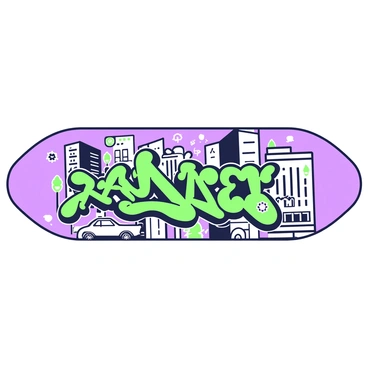 A skateboard deck is prominently displayed, showcasing an urban graffiti mural. The mural features a detailed cityscape filled with tall buildings, intricate windows, and rooftops. Various elements such as streetlights, trees, and cars are visible among the structures. The graffiti incorporates bold lines and shapes that create a dynamic sense of movement across the surface of the skateboard deck. The edges of the deck curve slightly, emphasizing its shape, while the underside is plain and unadorned.