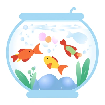 A group of colorful fish is gathered in a fish tank, eagerly swimming around as they feed on floating fish food. The fish have varied hues, including bright orange, yellow, and blue. Small bubbles rise to the surface near the food, and scattered flakes of the fish food create a dynamic scene. The tank is decorated with green plants and rocks on the bottom, enhancing the lively environment.