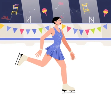 A figure skater wearing a sparkling blue costume is gliding effortlessly across a smooth, shiny icy rink. The skater has an elegant posture with one leg extended behind and arms gracefully outstretched. The rink is surrounded by cheering spectators, with colorful banners hanging in the background. Bright overhead lights reflect on the ice, creating glimmers and sparkles, highlighting the skater's movements.