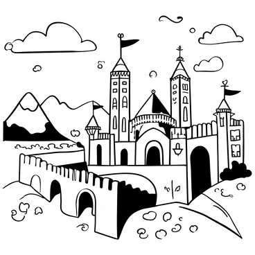 A detailed illustration of the city of Gondor, featuring tall, white stone towers and grand walls. The architecture showcases intricate designs and banners fluttering in the gentle breeze. The background displays a vast landscape with mountains and a river. The sky above is filled with large clouds, depicting the transition of day to night. The structures of Gondor cast long shadows on the ground, enhancing the depth of the scene.
