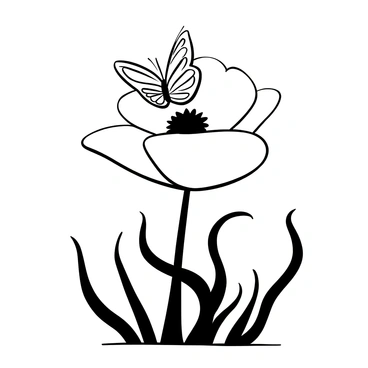 A butterfly with intricate wing patterns is landing softly on the petals of a large poppy flower. The poppy has broad, flowing petals that curl slightly at the edges. Surrounding the poppy, there are slender green stems and leaves, creating a natural frame. The butterfly’s wings are spread wide, and its body is poised above the petals.