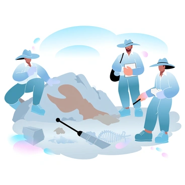 A group of paleontologists in full field gear, including wide-brimmed hats, gloves, and cargo pants, are deeply engaged in their work at a dig site. One paleontologist is carefully brushing away dirt from a large fossil embedded in the rock, while another is taking detailed notes on a clipboard. Nearby, a labeled excavation tool lays on the ground next to a partially uncovered fossil skeleton. The surrounding area features rocky terrain and scattered tools, with a backdrop of clear blue skies.