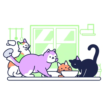 A family of cats is gathered around a small bowl of food in a cozy kitchen. In the center, a fluffy gray cat with a bushy tail leans forward, eagerly eating from the bowl. Next to the gray cat, there is a sleek black cat watching intently, its ears perked up. A playful orange tabby cat is sitting slightly behind, looking curiously at the bowl. To the left, a calico cat is licking her lips, ready to join in. The kitchen has a wooden table in the background, with kitchen utensils hanging on the wall and a window letting in soft, warm light.