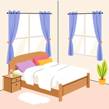 A cozy bedroom featuring a neatly made bed with a soft, fluffy white duvet and colorful throw pillows. The walls are painted in a warm light beige color. Large windows are adorned with light blue curtains that are gently blowing in the breeze. A wooden nightstand beside the bed holds a small bedside lamp and a book. A fluffy area rug lies on the hardwood floor, adding warmth to the space. A potted plant sits in the corner, bringing a touch of greenery to the room. Sunlight streams through the windows, illuminating the inviting atmosphere.