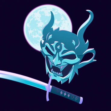 A hannya mask with sharp, angular features and exaggerated facial expressions, grinning menacingly. The mask has intricate details, with swirling patterns and a glossy finish that highlights its malevolence. A katana blade with a polished, reflective surface is held firmly in its grasp, catching the soft glow of the moonlight. The scene is set against a dark backdrop, enhancing the contrast and making the mask and blade stand out prominently. The overall atmosphere conveys tension and anticipation, emphasizing the mask's fierce demeanor.