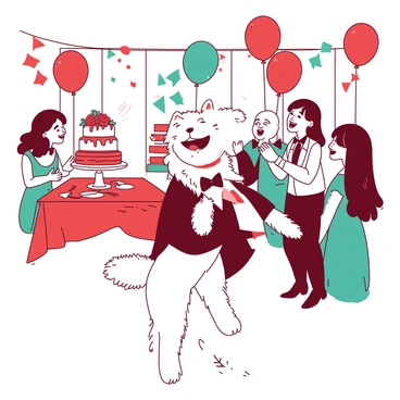 A white dog wearing a tiny tuxedo is joyfully participating in the wedding reception festivities. The dog is standing on its hind legs, playfully interacting with guests who are laughing and clapping. Around the dog, there are colorful decorations, including balloons and ribbons in red and teal. In the background, a beautifully decorated cake table is visible, with a tiered cake adorned with fresh flowers. The atmosphere is lively, filled with the cheerful ambiance of the celebration.