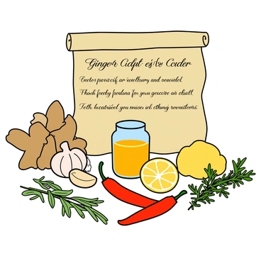 An old, weathered piece of parchment with elegant, flowing handwriting detailing a recipe for "fire cider." The parchment is crumpled at the edges, giving it an antique appearance. Surrounding the parchment are various fresh ingredients: a cluster of vibrant, fresh ginger roots, whole garlic cloves with papery skins, a few spicy red chili peppers, and bright yellow lemons cut in half, revealing their juicy interiors. A small glass jar filled with a golden liquid, resembling cider, sits prominently near the center. A couple of sprigs of fresh herbs, such as thyme and rosemary, are scattered around the ingredients, adding a touch of greenery to the scene. The background is simple to highlight the recipe and its ingredients.