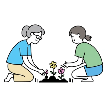 An elderly person with gray hair and glasses is kneeling on the ground in a small garden. They are wearing a light blue shirt and beige pants. Next to them, a caregiver with brown hair tied back is crouched down, wearing a green t-shirt and denim shorts. They are both planting colorful flowers, including yellow daisies and red tulips, in neatly prepared soil. The caregiver holds a small trowel, while the elderly person is placing a flower into the ground. The garden is surrounded by a low wooden fence, with a few garden tools resting nearby.