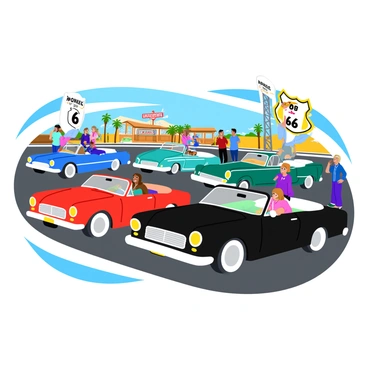 A collection of classic cars on Route 66, showcasing a variety of vintage models. The cars are parked in a neat row, each one featuring distinct colors and designs. There is a bright red convertible with chrome accents, a shiny blue coupe with whitewall tires, a green station wagon with wood paneling, and a sleek black sedan with a polished finish. The iconic Route 66 road sign is visible nearby, and the background includes retro-style diner signs and palm trees lining the road. The scene is filled with community members admiring the cars, some taking photos and others chatting enthusiastically about their favorites.