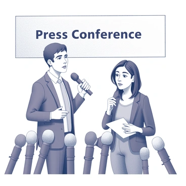 Two reporters are standing at a press conference, each holding a microphone. The first reporter, presenting the positive aspects of the news story, has an enthusiastic expression and is gesturing with one hand while speaking. The second reporter, conveying the negative aspects, displays a serious demeanor, with furrowed brows and a slight frown, while taking notes with a pen. Various cameras are focused on them, capturing the contrasting emotions of the two reporters. The background features a large banner with the words "Press Conference" prominently displayed.