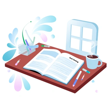 A wooden desk is positioned in a well-lit room. On the desk, there is a planner opened to a page titled "Goal Setting." The planner features neatly organized sections for writing down goals and deadlines. Next to the planner, there are colorful pens scattered about, along with a small potted plant that adds a touch of greenery. A steaming cup of coffee sits nearby, creating a cozy atmosphere. Light streams through a window, casting soft shadows on the desk surface.