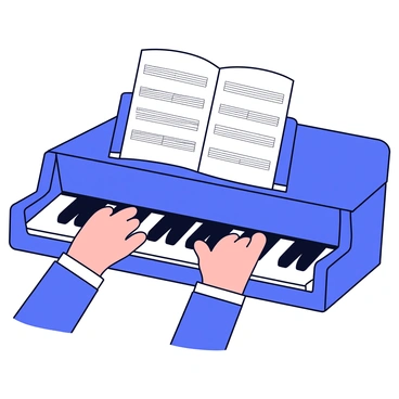 A pair of hands with slender fingers skillfully playing a grand piano. The fingers are gracefully positioned on the black and white keys, showcasing a delicate technique. In the background, there is a sheet of music resting on a stand, with musical notes clearly visible. The overall composition highlights the elegance and artistry of playing the piano.