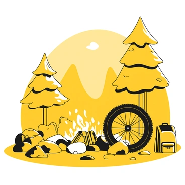 A bike tire resting on the ground near a campfire with glowing embers. The campfire is surrounded by rocks, and the flames are casting flickering shadows. In the background, tall trees frame the scene, with silhouettes of leaves visible against the darkening sky. A blanket is spread nearby, partially covering a small backpack. Soft smoke rises from the fire, blending into the evening air. The atmosphere is calm, with the last light of dusk illuminating the environment.