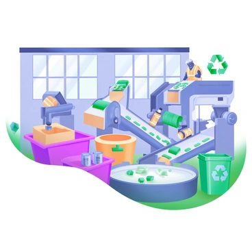 A modern pastel illustration of a recycling plant interior filled with various conveyor belts. Each conveyor belt sorts different materials, including plastic bottles, cardboard boxes, and metal cans. Workers in safety gear actively monitor the sorting process, using machinery to separate the materials efficiently. Brightly colored recycling bins are arranged around the area, labeled with different recycling symbols. Large windows allow natural light to fill the space, highlighting the organized chaos of the recycling operation.