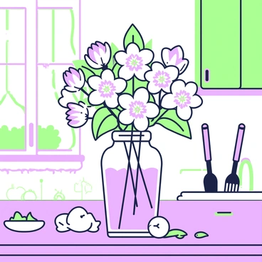 A glass jar filled with water is placed on a kitchen counter, holding a vibrant arrangement of apple blossoms. The jar is transparent, showcasing the water inside, and the apple blossoms feature delicate petals with a soft texture. The blossoms are in various stages of bloom, with some fully opened while others are still in bud form. The kitchen counter has a subtle grain pattern, and there are hints of kitchen utensils scattered around, adding to the homey atmosphere. Sunlight filters through a nearby window, casting gentle shadows and highlighting the beauty of the flowers in the jar.