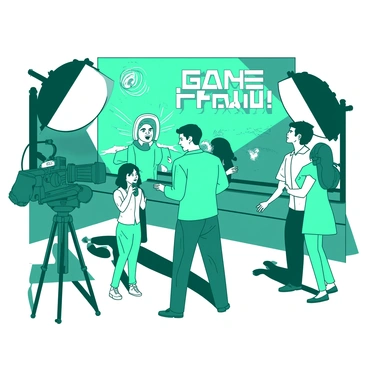 A teal camera crew is positioned behind large studio lights, capturing the contestants on a vibrant game show set. The crew consists of three individuals: one is holding a camera with a long lens, another is adjusting the microphone on a contestant, and a third is checking the sound equipment. In front of them, several contestants are excitedly preparing for their turn, with bright, colorful costumes and eager expressions. The backdrop of the set features large, eye-catching game show graphics in contrasting colors, enhancing the dynamic atmosphere.
