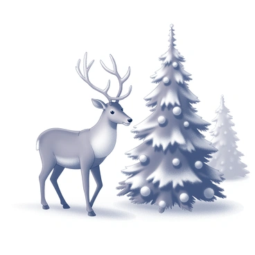 A reindeer standing beside a Christmas tree. The tree is adorned with ornaments and has snow dusting its branches. The reindeer has antlers that are prominently displayed, with its body positioned elegantly. The ground is covered in a layer of snow, creating a tranquil winter scene. In the background, faint outlines of other trees can be seen, enhancing the wintery atmosphere.