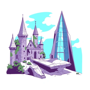 A duotone illustration shows an old castle on the left side, featuring tall stone towers and intricately carved details, transitioning seamlessly into a futuristic building on the right side, characterized by sleek glass panels and sharp angles. The castle appears weathered with vines creeping up its walls, while the futuristic structure gleams with metallic surfaces reflecting light. The sky in the background complements both structures, enhancing the contrast between the historic architecture and the modern design.