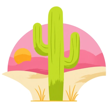 A tall green cactus with long, slender arms reaching upwards is positioned prominently in the foreground. The cactus is set against a backdrop of a vast desert landscape, featuring rolling sand dunes that stretch into the distance. The sky is filled with vibrant hues of orange, pink, and purple as the sun sets on the horizon, casting warm light across the scene. Soft shadows are created on the sand dunes, enhancing the sense of depth in the image. Small tufts of dry grass are scattered around the base of the cactus, adding texture to the desert floor.