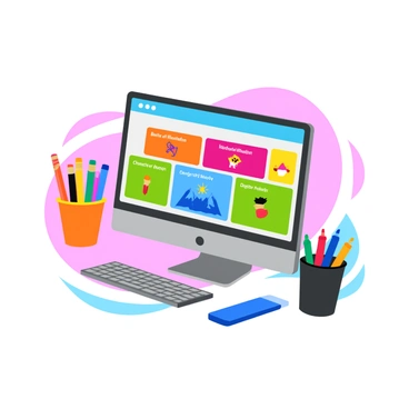 A computer screen displaying various modules of an online illustration course. The screen features a colorful interface with labeled sections including "Basics of Illustration," "Character Design," "Color Theory," and "Digital Tools." Each module is represented with engaging icons and vibrant thumbnails. The background of the screen is a bright workspace setting with a desk and colorful art supplies neatly arranged beside the computer.
