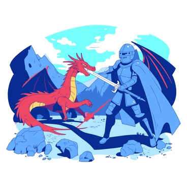 A blue knight in shining armor is engaged in battle with a dragon, which has fiery red scales and large, menacing wings. The knight is wielding a gleaming silver sword that catches the light as he strikes. In the backdrop, a dramatic mountain landscape is visible, with steep cliffs and a cloudy sky. The dragon is breathing fire towards the knight, creating a vivid contrast between the blue armor and the red flames. The ground is rocky, with scattered boulders and patches of grass underfoot.