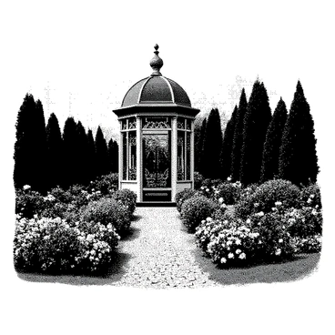 An engraved illustration captures a Victorian garden scene. In the center, a gazebo stands, featuring intricate latticework. Surrounding the gazebo, various blooming flowers are arranged in neat beds, showcasing diverse shapes and sizes. The garden is framed by tall hedges, and a cobblestone pathway leads to the gazebo. Delicate details on the flowers highlight their petals and leaves. The overall composition conveys the elegance of Victorian design.