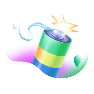 A large, colorful battery icon sits at the center of the image. The battery is filled with vibrant shades of green, blue, and yellow, indicating a high charge. Sparks of electricity in bright white and blue colors are emanating from the top of the battery, creating a dynamic effect. The background is a soft pastel gradient, enhancing the focus on the battery and its electric discharge.