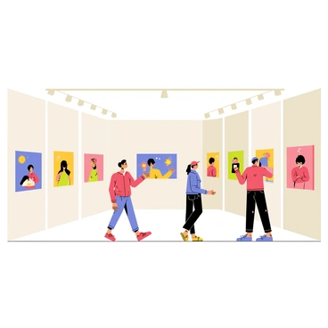 An art gallery with white walls displaying multiple frames. Each frame contains a different bold, colorful illustration in a retro style. The illustrations include abstract shapes, vibrant patterns, and playful characters. People are walking through the gallery, admiring the artwork and chatting. Spotlight lighting illuminates the pieces, enhancing the vivid colors of the illustrations.