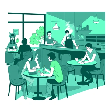 A teal cafe interior filled with various wooden tables and chairs. Some patrons are seated, deeply engaged in conversation, while others are scribbling on white napkins with colorful pens. A barista is seen behind the counter, pouring a steaming cup of coffee into a white mug. The atmosphere is lively, with people animatedly sharing ideas and laughter. Sunlight filters through the large windows, casting gentle shadows on the wooden floor.