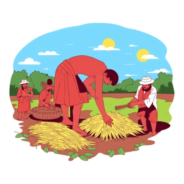 A red Mahabali figure is bending down to assist farmers in gathering ripe rice crops. The farmers, dressed in traditional attire, are working diligently around him, collecting the golden grains in woven baskets. The sun is shining brightly overhead, casting warm light on the field, which is dotted with patches of green and gold. Mahabali's presence is prominent as he helps lift a heavy bundle of rice, showcasing his strength and dedication to the harvest. In the background, a clear blue sky enhances the vivid colors of the scene.