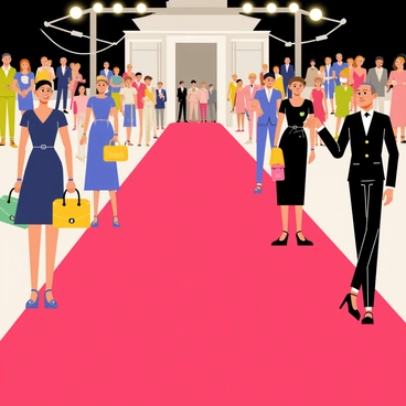A glamorous red carpet event featuring a long red carpet leading up to a grand entrance. Elegant guests in formal attire are positioned along the carpet, showcasing a variety of stylish outfits. Each guest is holding a distinct "Chanel" purse, varying in color and design, complementing their attire. Soft flashes from cameras can be seen capturing the moments, while a crowd of onlookers gathers in the background, adding to the lively atmosphere of the event. Bright spotlights illuminate the scene, enhancing the elegance of the occasion.