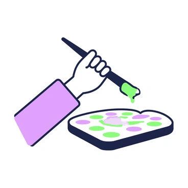 A right hand shaking paintbrush over a palette with vibrant colors.