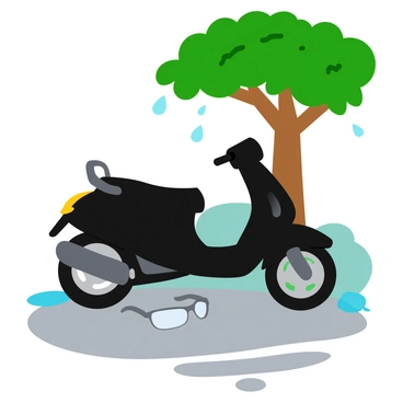 A sleek black motorcycle is parked beneath a leafy green tree, its glossy surface reflecting the soft light of a gray, overcast sky. Light rain falls gently, creating small ripples in puddles on the ground. Near the motorcycle, a pair of clear glasses rests on a nearby surface, with tiny raindrops glistening on the lenses. The scene captures the tranquil ambiance of a rainy day, with water droplets visible on the tree leaves and the motorcycle, enhancing the overall atmosphere.