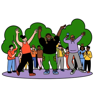 A hip-hop dance crew is performing in an urban park, showcasing a variety of dynamic dance moves. The crew consists of three dancers: one with light skin and short black hair, wearing a red tank top and black joggers; another with medium skin and long braided hair, dressed in a black oversized t-shirt and cargo pants; and the third with dark skin and a buzz cut, sporting a purple hoodie and grey sweatpants. Surrounding them, a diverse group of onlookers is cheering, clapping, and enjoying the energetic atmosphere. Some onlookers are taking photos with their phones, while others are dancing along. The greenery of the park contrasts with the urban background, adding a lively and vibrant feel to the scene.