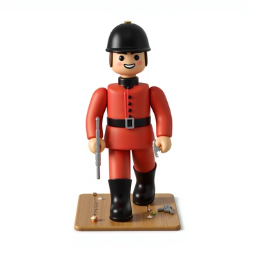 A wind-up toy soldier with a vibrant red uniform and a shiny black hat is marching across a wooden tabletop. The soldier has a painted face with a determined expression and is holding a tiny toy rifle in one hand. The wind-up spring mechanism is clearly visible on the side of the soldier, with a metallic key protruding. The tabletop is textured, with a few scattered toys and some faint wood grain patterns.