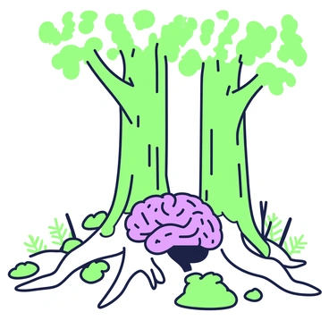 A brain nestled among the roots of tall forest trees