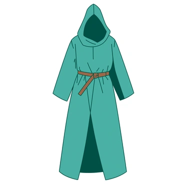 A teal medieval peasant costume is displayed, featuring a simple tunic that reaches the knees. The tunic has long sleeves and a loose fit, made from coarse fabric. A brown leather belt is fastened around the waist, giving definition to the outfit. The costume is completed with a hood that drapes down over the shoulders, partially obscuring the face. The overall appearance is practical and unadorned, ideal for daily tasks in a rustic setting.