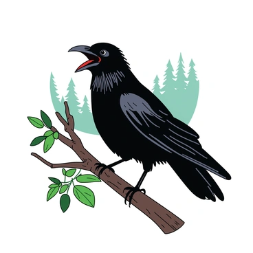 A black crow with glossy feathers is perched on a thick, sturdy branch, singing loudly with its beak wide open. The crow's eyes are bright and alert, reflecting a sense of pride. The branch is adorned with green leaves, creating a lively environment. The background features a soft, blurred depiction of a forest, emphasizing the crow's commanding presence.