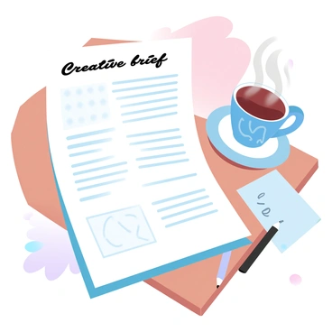 A document is placed on a wooden desk, displaying a creative brief with neatly typed text and bullet points. Next to the document, there is a steaming cup of coffee, with a simple design, resting on a small saucer. Beside the cup, a sketch can be seen, featuring a rough outline of a design project, with some visible pencil marks and shading. The desk has a warm, inviting atmosphere, with soft lighting casting gentle shadows over the scene.