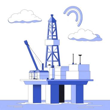An oil rig is positioned in the foreground, its structure detailed with large metal beams, pipes, and storage containers. The ocean water surrounding the rig is calm, reflecting the silhouette of the rig. Above the oil rig, a rainbow arcs gracefully across the sky, showcasing its distinct bands of color. The sky is filled with scattered clouds, remnants of a light rain shower, creating a sense of depth. Water droplets are visible on the rig surfaces, glistening from the recent rain.